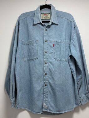 VINTAGE LEVIS REAL INDIGO MENS DENIM BUTTON SHIRT LONG SLEEVE LARGE RED TAG
